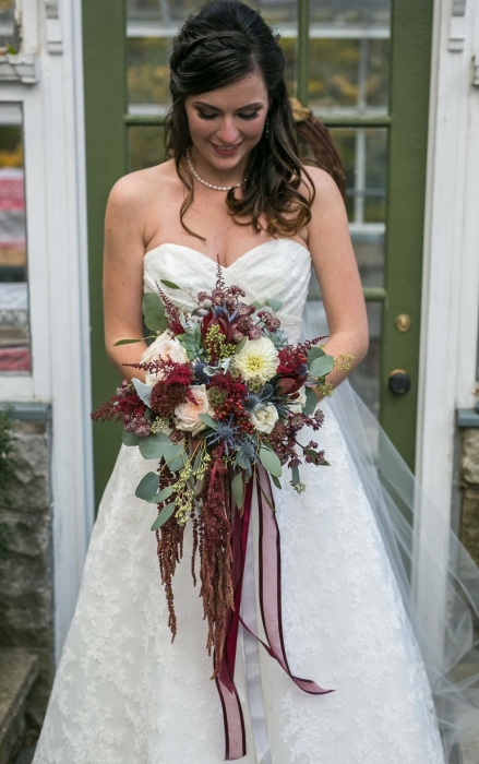Megan Preece Photography, cranberry, marsala and ivory cascading bouquet, Private Residence