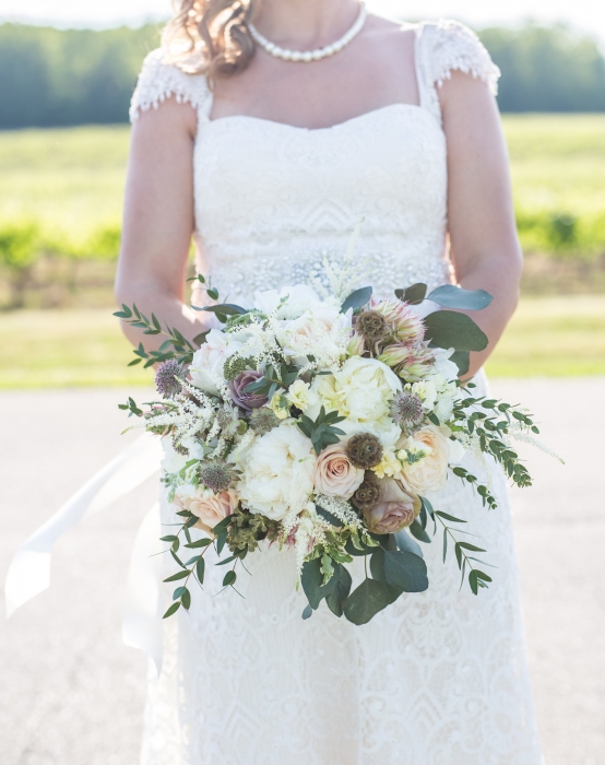 Megan Preece Photography, textural unstructured bouquet, Vineland Estates Winery